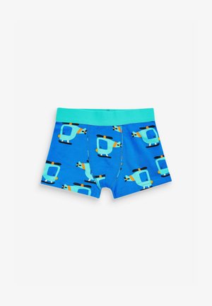 Plave bokserice s uzorkom helikoptera u svijetloplavoj, narančastoj i crnoj boji, s tirkiznom gumom u struku. Pamuk.