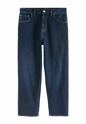 Dunkelblaue gerade geschnittene Jeans aus Denim mit Vordertaschen, Gürtelschlaufen und einem Knopfverschluss an der Taille.