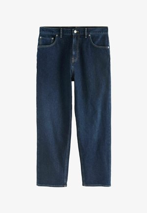 Sötétkék egyenes szárú farmernadrág elülső zsebekkel, övhurkokkal és gombos derékzárral.