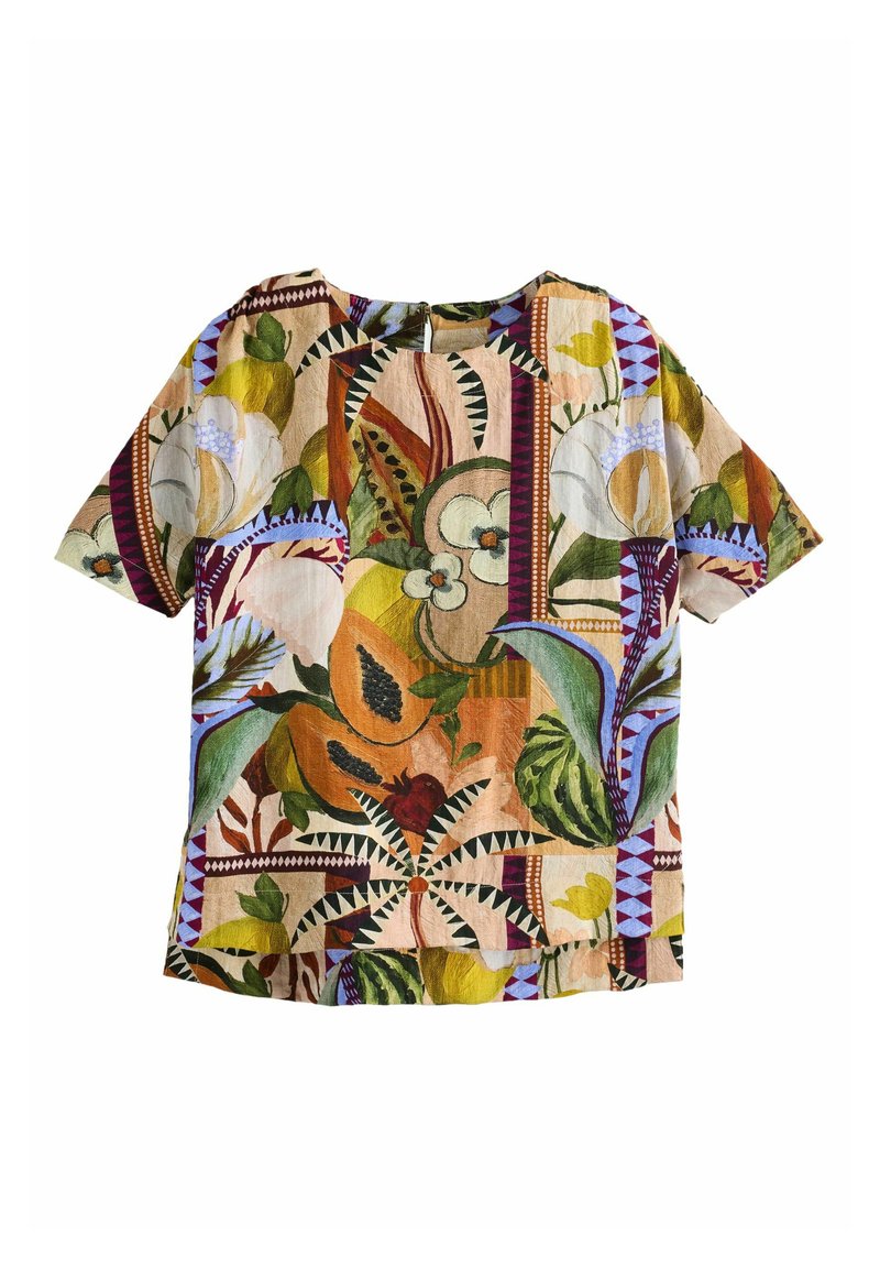 Blouse colorée à manches courtes avec un motif floral et géométrique. Fabriquée en tissu léger, avec un col rond et une fermeture éclair au dos.