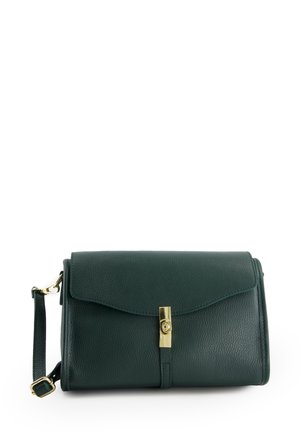 Green leather clutch bag with a flap closure, gold hardware, and detachable strap, featuring a textured finish.
