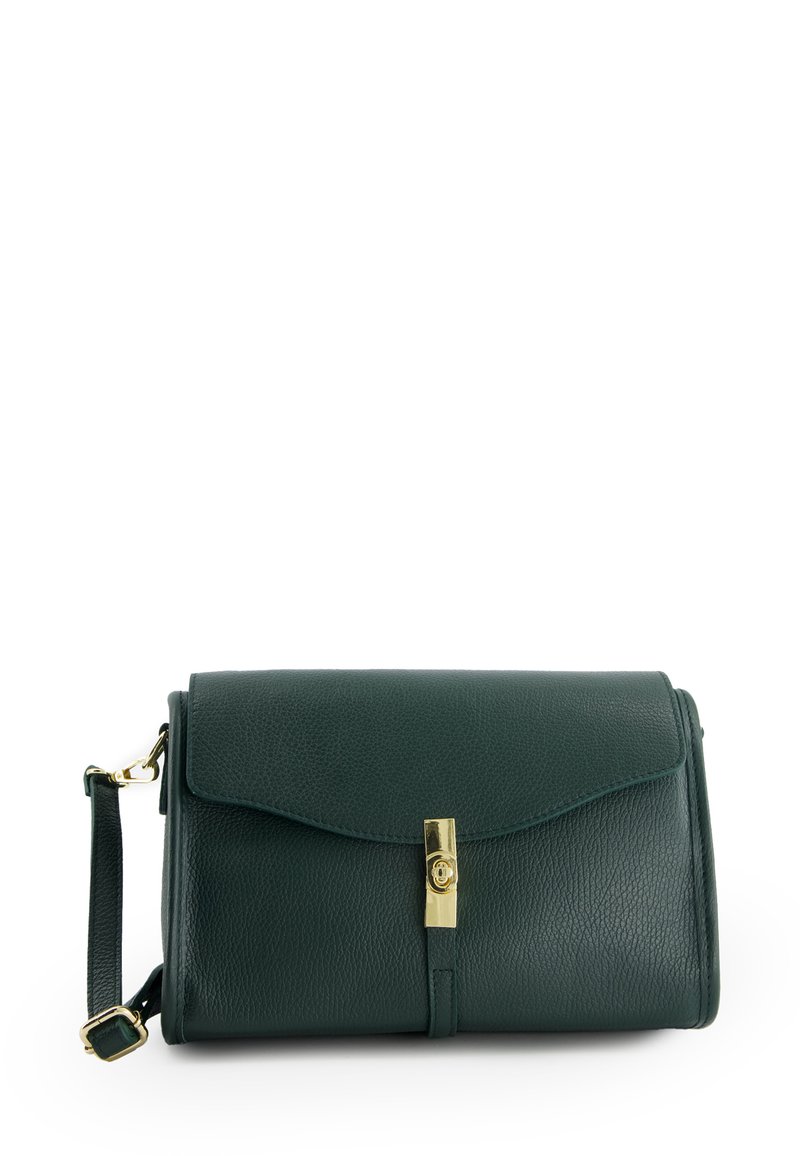 Green leather clutch bag with a flap closure, gold hardware, and detachable strap, featuring a textured finish.
