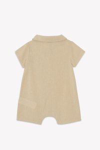 Beige short-sleeve jumpsuit with a collar, featuring a smooth texture and designed with a rounded hem at the legs.