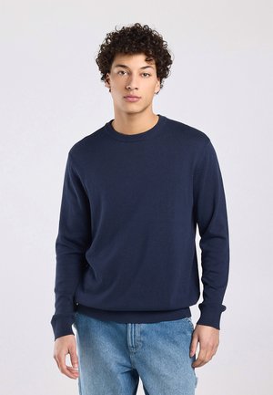 Young man with curly hair wearing a navy blue sweater and light blue jeans, standing against a plain light background.