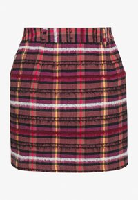 Rutig mini kjol med en blandning av rosa, lila och gula toner. Tillverkad av ett texturerat tyg med en hög midja och sidofickor.