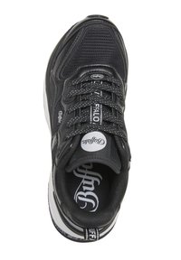 Baskets de la marque Black Buffalo avec panneaux en mesh et cuir, lacets à motifs et semelle blanche, vues de dessus.