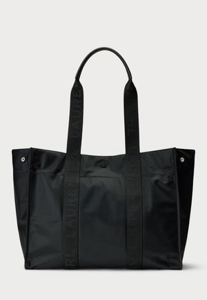 Black nylon tote bag with flat handles, featuring embossed logo, metallic accents, and a simple, structured design.