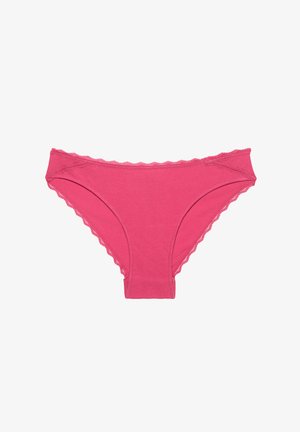 Lyserøde bomulds bikini-undertøj i stil med bølget blondekant langs taljen og benåbningerne, med en simpel, glat tekstur.