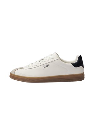 White low-top sneaker with brown sole, black heel patch, "LLOYD" logo on side, and lace-up closure.