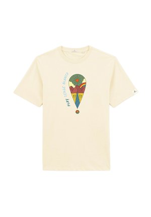 T-shirt en coton couleur crème avec un imprimé graphique représentant des montagnes, un soleil et une rivière dans des couleurs vives. Manches courtes et col rond.