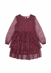 Bordeauxrotes Kleid mit langen transparenten Ärmeln, geschichteten Rüschen und bunten Sternmustern. Verfügt über einen runden Ausschnitt und elastische Bündchen.
