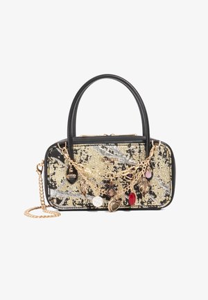 Black and gold handbag with a textured pattern, topped with a gold chain featuring decorative charms in various colors and shapes.