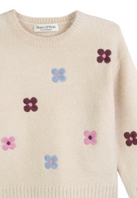 Beżowy dziany sweter z haftowanymi małymi kwiatami w kolorach różowym, niebieskim i bordowym, z okrągłym dekoltem i żebrowanym brzegiem.