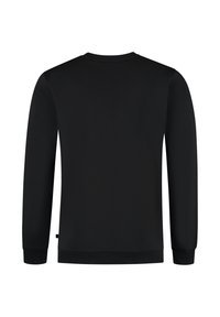 Zwarte longsleeve sweatshirt met een ronde hals, ribbels aan de mouwen en onderkant. Gladde textuur zonder zichtbare patronen of versieringen.
