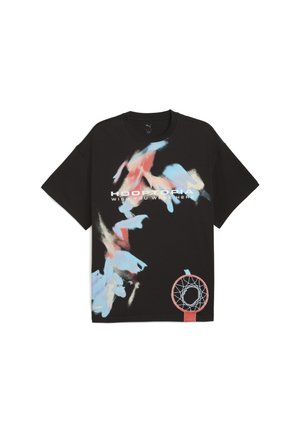Black cotton t-shirt featuring abstract blue and red paint splashes, with "HOOPTORIA" and "WISH YOU WERE HERE" text and a basketball hoop graphic.