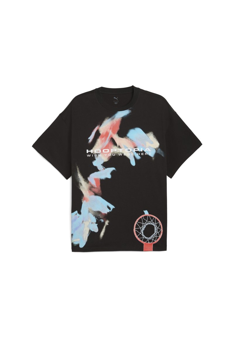 Sort bomulds t-shirt med abstrakte blå og røde malingsprøjt, med teksten "HOOPTORIA" og "WISH YOU WERE HERE" samt et grafik af en basketballkurv.