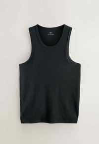 Black sleeveless tank top made of ribbed fabric, featuring a rounded neckline and straight hem, designed for a fitted appearance.