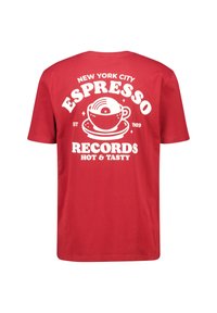 Red cotton t-shirt featuring white graphic print of a coffee cup, text "Espresso Records", and decorative elements. Classic round neck, short sleeves.