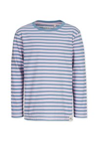 Pitkähihaine T-paita vaaleanpunaisilla ja sinisillä vaakaraitoja, valmistettu pehmeästä puuvillasta. Varustettu pyöreällä kaula-aukolla ja helman tarralla.