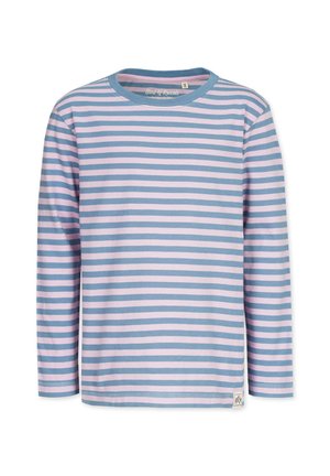 Langärmliges T-Shirt in Hellrosa mit blauen Horizontalstreifen, aus weicher Baumwolle gefertigt. Hat einen Rundhalsausschnitt und ein Sa etikett.
