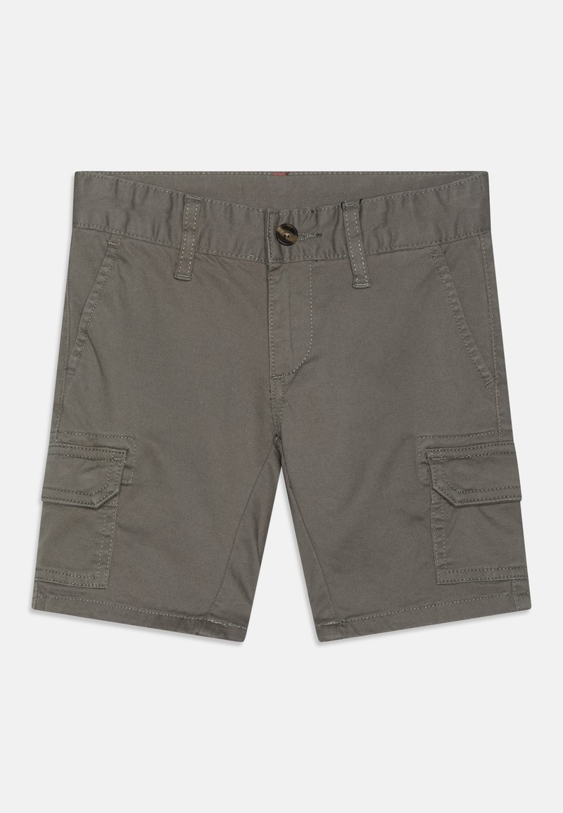 Shorts cargo gris en coton, avec une ceinture à bouton, des poches avant et des poches cargo latérales avec détail de rabat.
