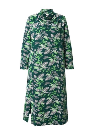 Vestito verde stampato con colletto alto falso, maniche lunghe e motivo foglia in bianco e verde chiaro. Spacco laterale all'orlo.