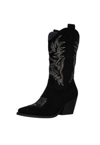 Bota de vaquero de ante negro con puntera afilada, diseño de hojas bordado en plata, tacón de altura media y costura decorativa a lo largo del tubo.
