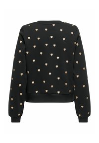 Zwarte sweatshirt met gouden hartpatronen erdoorheen, ronde hals, lange mouwen en een cropped pasvorm. Zacht materiaal met ribgebreide manchetten en tailleband.