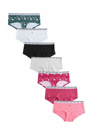 Sieben Paar Baumwollslips in verschiedenen Farben: grün, weiß, schwarz, grau, rosa und gemusterte Designs. Mit einem elastischen Taillenbund mit Markenlogo.