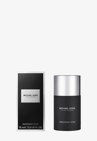 Deodorante stick Michael Kors Pour Homme, 75 ml. Elegante stick nero con tappo argento lucido. La confezione presenta un design nero e argento.