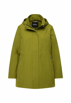 Cappotto verde con cappuccio, caratterizzato da una zip frontale, due tasche laterali con zip e una finitura in tessuto liscia e leggermente testurizzata.