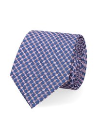 Niebieski krawat z wzorem przedstawiającym przenikające się różowe okręgi i krzyże. Wykonany z gładkiego materiału, ma zwiniętą formę.
