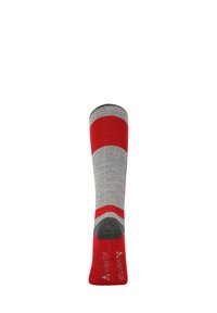 Socken in einem rot-grauen Farbschema, mit einem gerippten Bündchen und ausgeprägten Farbblöcken. Hergestellt aus strukturiertem Stoff für Komfort und Langlebigkeit.