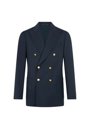 Marineblaues Doppelreiher-Blazer mit goldenen Knöpfen, Spitzenrevers und aufgesetzten Taschen vorne.