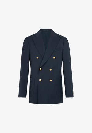 Blazer doppiopetto blu navy con bottoni dorati, rever a punta e tasche frontali a toppa.