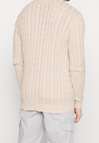 Beige Kabelstrickpullover mit geripptem Saum und Bündchen. Das strukturierte Design zeigt gedrehte Muster im gesamten Kleidungsstück.