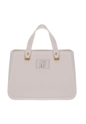 Rechthoekige beige leren handtas met twee hengsels en goudkleurige hardware met een centraal gegraveerd logodetail.