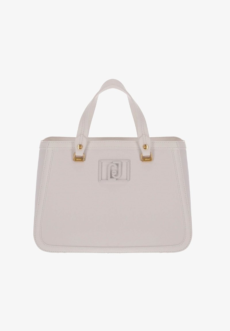 Sac à main rectangulaire en cuir beige avec deux poignées et des ferrures dorées, avec un logo embossé central.