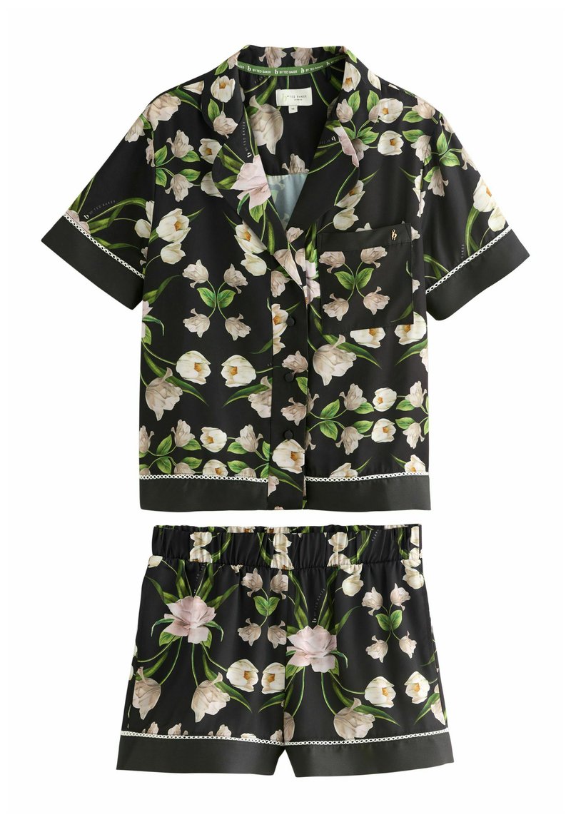 Zwart bloemetjesprint pyjama set met een kort mouw button-up shirt met zak en shorts met elastische tailleband, verfraaid met contrasterende bies.