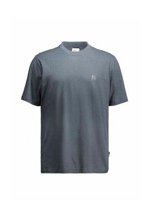 Schlichtes dunkelgraues T-Shirt mit kurzen Ärmeln und Rundhalsausschnitt, mit kleinem quadratischem Logo-Patch auf der linken Brust und einem Stoffetikett an der Seitennaht.