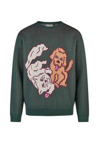 Grüner Strickpullover mit einem Design von einer hellen Katze und einem braunen Hund, beide mit verspielten Gesichtsausdrücken, verziert mit pinken Akzenten.