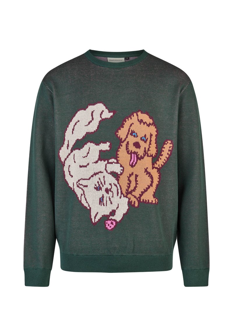 Grüner Strickpullover mit einem Design von einer hellen Katze und einem braunen Hund, beide mit verspielten Gesichtsausdrücken, verziert mit pinken Akzenten.