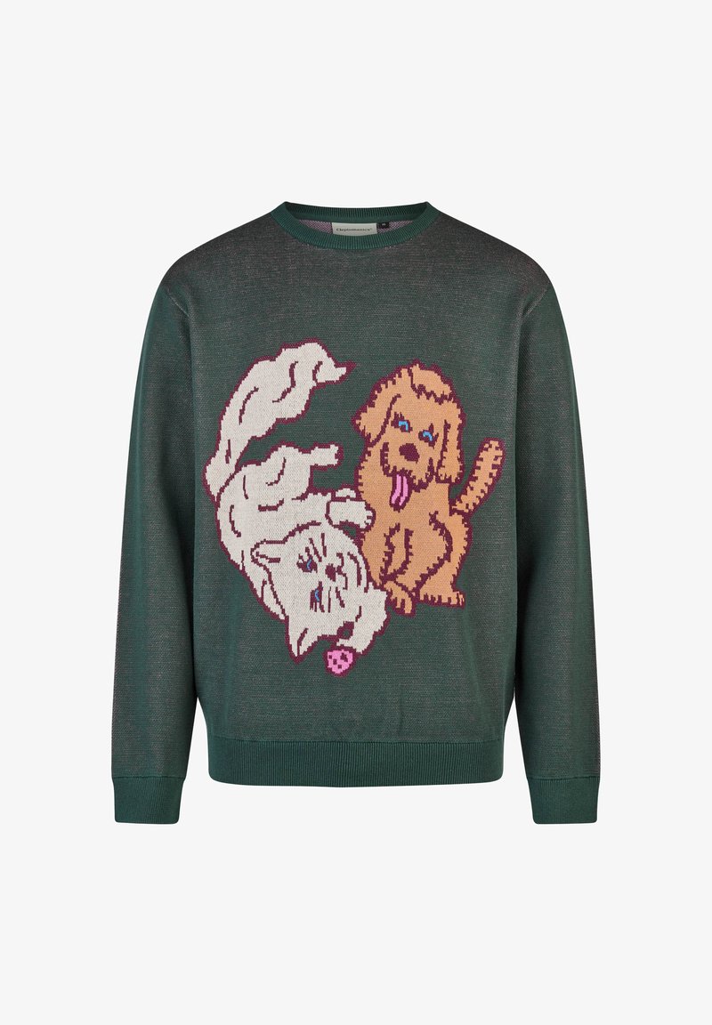 Maglione verde lavorato a maglia con un design che raffigura un gatto chiaro e un cane marrone, entrambi con espressioni giocose, decorato con accenti rosa.