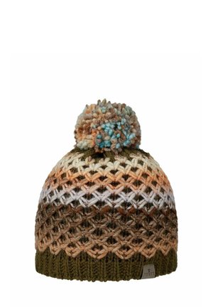 Chunky knit beanie with brown, green, orange, and cream stripes, topped with a multicolor yarn pom-pom and a small fabric tag on the brim.