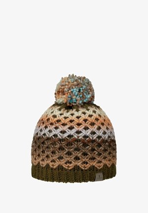 Chunky knit beanie with brown, green, orange, and cream stripes, topped with a multicolor yarn pom-pom and a small fabric tag on the brim.