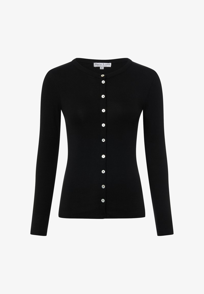 Schwarzer, gerippter Cardigan mit langen Ärmeln, ausgestattet mit durchgehender Knopfleiste und rundem Ausschnitt. Auffällige weiße Knöpfe setzen einen Kontrast zum Stoff.