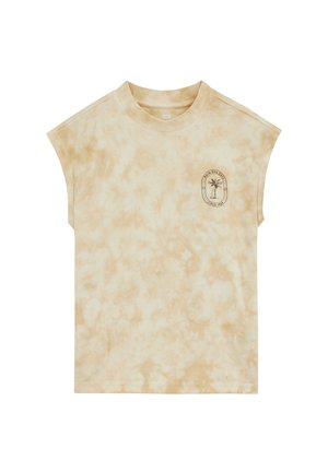 Beige batikærmeløs skjorte med rund halsudskæring og lille sort palme-logo på venstre bryst med teksten "Hula Dua Daze Since 1984."