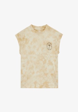 Beżowa koszulka bez rękawów z efektem tie-dye, z okrągłym dekoltem i małym czarnym logo palmy na lewej piersi z napisem "Hula Dua Daze Since 1984."