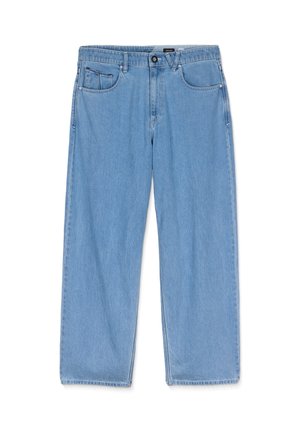 Lichtblauwe denim jeans met een rechte snit, voorzien van een voorzak, tailleband met riemlussen en enkele knoopsluiting.