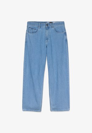 Light blue denim jeans with a straight cut, featuring a front pocket, waistband with belt loops, and single button closure.
